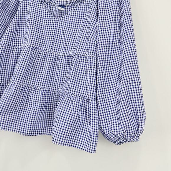 Old Navy Gingham Plaid Tiered Babydoll Cottagecore Long Sleeve Blouse Sz Large - Picture 4 of 7